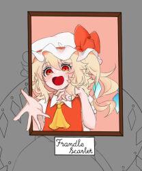 Rule 34 | 1girl, ascot, blonde hair, blush, character name, flandre scarlet, grey background, hair between eyes, hat, long hair, looking at viewer, mob cap, multicolored wings, open mouth, outstretched hand, pink background, red eyes, red ribbon, red vest, ribbon, ribbon-trimmed headwear, ribbon trim, shirt, short sleeves, side ponytail, simple background, solo, touhou, upper body, user siffo, vest, white hat, white shirt, wings, yellow ascot