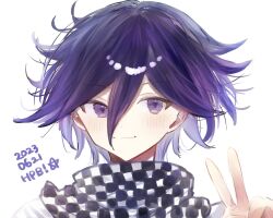 Rule 34 | 1boy, 2023, blush, checkered clothes, checkered scarf, closed mouth, danganronpa (series), danganronpa v3: killing harmony, dated, feng (mochicapy), hair between eyes, hand up, happy birthday, highres, male focus, multicolored hair, oma kokichi, portrait, purple eyes, purple hair, scarf, simple background, smile, solo, two-tone hair, v, white background
