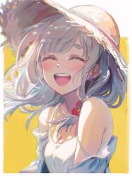 Rule 34 | 1girl, blush, border, breasts, brown hat, camisole, closed eyes, earrings, facing viewer, flower, grey hair, hair flower, hair ornament, hat, highres, jacket, jacket partially removed, jewelry, koko sasuwo, looking at viewer, medium hair, open clothes, open jacket, original, outside border, red hair, small breasts, smile, solo, straw hat, teeth, upper body, upper teeth only, white border, white camisole, white jacket, yellow background