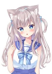 Rule 34 | 1girl, absurdres, animal ears, blue eyes, blunt bangs, bow, casual, cat ears, collarbone, commentary request, eyes visible through hair, grey hair, hair bow, hair ribbon, hamico, head tilt, highres, long hair, looking at viewer, original, parted lips, ribbon, sailor collar, sidelocks, simple background, sleeveless, solo, two side up, white background