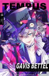 Rule 34 | 1boy, arms up, artist name, black gloves, blue eyes, blue hair, card, character name, collarbone, english text, gavis bettel, gloves, gradient hair, grey hair, hat, heterochromia, holostars, holostars english, looking at viewer, male focus, multicolored clothes, multicolored hair, official art, playing card, red eyes, red hair, senzaki makoto, smile, solo, tongue, tongue out, top hat, virtual youtuber