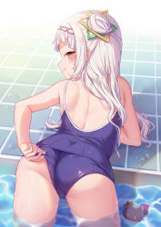 Rule 34 | 1girl, adjusting clothes, adjusting swimsuit, ass, back, bare arms, bare shoulders, blue one-piece swimsuit, blunt bangs, blush, breasts, brown eyes, closed mouth, commentary request, competition school swimsuit, from behind, hair bun, hexagram hair ornament, highres, hololive, long hair, looking at viewer, looking back, milkshakework, murasaki shion, one-piece swimsuit, pool, profile, school swimsuit, side bun, sidelocks, single hair bun, single side bun, small breasts, smile, solo, swimsuit, tile floor, tiles, very long hair, virtual youtuber, wading, water, wet, white hair, yellow eyes