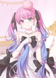 Rule 34 | 1girl, absurdres, blue hair, blush, candy hair ornament, dress, earrings, food-themed hair ornament, gloves, gradient hair, green eyes, hair ornament, handot (d yot ), heterochromia, highres, himemori luna, hololive, jewelry, long hair, looking at viewer, multicolored hair, off shoulder, pink hair, purple eyes, purple hair, ribbon, smile, solo, twintails, virtual youtuber, white dress, white gloves