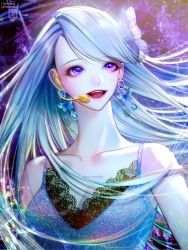 Rule 34 | 1girl, bad id, bad twitter id, bare shoulders, blue hair, butterfly earrings, butterfly hair ornament, collarbone, dress, earrings, gem, hair ornament, headset, highres, jewelry, lace, lace-trimmed dress, lace trim, lens flare, long hair, open mouth, original, purple eyes, shadow, solo, strap slip, swept bangs