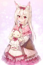 Rule 34 | 1girl, :&lt;, animal ear fluff, animal ears, blush, bow, capelet, closed mouth, commentary request, dress, frilled capelet, frills, hair between eyes, hair bow, highres, holding, holding stuffed toy, long hair, long sleeves, looking at viewer, original, pink capelet, puffy long sleeves, puffy short sleeves, puffy sleeves, red bow, red eyes, rekareka, short sleeves, silver hair, solo, stuffed animal, stuffed rabbit, stuffed toy, very long hair, white dress