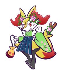 Rule 34 | 1girl, animal ear fluff, animal ears, animal feet, animal hands, animal nose, bag, black fur, blue hakama, blush, blush stickers, body fur, braixen, clenched hand, creatures (company), detached sleeves, fang, female focus, flat chest, floral print, flower, fox ears, fox girl, fox tail, full body, furry, furry female, game freak, gen 6 pokemon, green kimono, green sleeves, hair flower, hair ornament, hakama, hakama skirt, hands up, highres, holding, holding bag, japanese clothes, kazuairou, kimono, long sleeves, looking at viewer, nintendo, open mouth, pelvic curtain, pink flower, pokemon, pokemon (creature), pouch, red eyes, sideways mouth, simple background, skirt, sleeveless, sleeveless kimono, snout, solo, standing, stick, tail, transparent background, white fur, wide sleeves, yellow fur