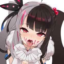 Rule 34 | 1girl, ahoge, black hair, blush, body writing, breasts, cleavage, commentary request, cupping hands, dress, elbow gloves, eyeshadow, frilled dress, frills, from above, gloves, hair bobbles, hair ornament, hair ribbon, heart, heart-shaped pupils, heart in eye, heavy breathing, juliet sleeves, lipstick, long hair, long sleeves, looking at viewer, makeup, medium breasts, multicolored hair, nijisanji, open mouth, oral invitation, own hands together, pink eyeshadow, pink hair, puffy sleeves, red eyes, ribbon, simple background, solo, split-color hair, streaked hair, symbol-shaped pupils, symbol in eye, tamaki (tamakikan), tongue, tongue out, twintails, two-tone hair, uvula, virtual youtuber, waiting for cum, white background, white dress, white gloves, white hair, yorumi rena, yorumi rena (1st costume)