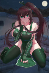 Rule 34 | 1girl, akali, akali (legacy), architecture, between legs, bracer, breasts, brown hair, chinese commentary, closed mouth, collarbone, commentary request, dress, dress grab, east asian architecture, elbow gloves, fingerless gloves, full body, gloves, green dress, green eyes, green gloves, green ribbon, green thighhighs, hair ribbon, hand between legs, hand up, heart, high ponytail, highres, hip focus, holding, holding own hair, kneeling, large breasts, league of legends, long hair, looking at viewer, moon, mountainous horizon, night, pao mian+dan, ponytail, ribbon, rooftop, sandals, shooting star, sideboob, sidelocks, sitting, skindentation, sky, sleeveless, sleeveless dress, smile, solo, star (sky), starry sky, straddling, strap slip, tabard, thighhighs, thighs, tile roof, town, very long hair, wall