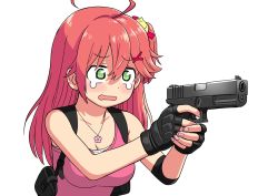 Rule 34 | 1girl, ahoge, aiming, alternate costume, bell, black gloves, blush, breasts, cleavage, finger on trigger, fingerless gloves, fingernails, glock, gloves, green eyes, gun, hair ornament, hairclip, handgun, highres, holding, holding gun, holding weapon, hololive, holster, jewelry, jingle bell, long hair, nail polish, necklace, open mouth, pink hair, pink nails, pink shirt, pistol, resident evil, resident evil 3, resident evil 3: nemesis, sabaku chitai, sakura miko, shirt, shoulder holster, simple background, solo, tears, two-handed, two-handed handgun grip, upper body, virtual youtuber, weapon, white background, wide-eyed, x-ray