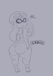 Rule 34 | 1girl, ass, bikini, erozer, goggles, highres, huge ass, inkling player character, looking at viewer, looking back, monochrome, nintendo, splatoon (series), swimsuit, thick thighs, thighs