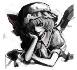 Rule 34 | 1girl, bad id, bad pixiv id, blue man, head rest, dark, female focus, greyscale, hat, monochrome, one-eyed, remilia scarlet, smile, solo, spot color, touhou, upper body, white background