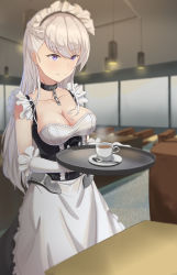 Rule 34 | 1girl, absurdres, apron, azur lane, belfast (azur lane), blue eyes, blurry, blush, braid, breasts, chain, cleavage, coffee, collar, collarbone, corset, cup, depth of field, diner, dress, elbow gloves, fled, french braid, frilled gloves, frills, gloves, highres, holding, holding tray, indoors, large breasts, long hair, maid, maid headdress, saucer, smile, solo, spoon, tray, white gloves, white hair