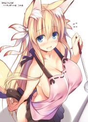 Rule 34 | 10s, 1girl, 2016, animal ears, apron, bare shoulders, blonde hair, blue eyes, blush, breasts, cleavage, collarbone, commentary request, dated, eyebrows, fox ears, fox tail, from above, hair ribbon, konoha (nozomi tsubame), ladle, large breasts, long hair, looking at viewer, looking up, naked apron, nozomi tsubame, open mouth, original, ribbon, simple background, solo, tail, white background