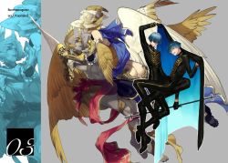 Rule 34 | 1girl, 3boys, angel wings, arm up, armor, ass, bad id, bad twitter id, black gloves, blue hair, gauntlets, gemini (zodiac), gloves, glowing, gradient hair, holding, holding hands, horoscope, multicolored hair, multiple boys, namakawa, open mouth, original, red eyes, siblings, smile, twins, wings, zodiac
