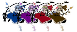 Rule 34 | 1girl, alternate color, blonde hair, blue eyes, blue hair, blue headwear, blue skirt, blue vest, brown eyes, brown hair, brown headwear, brown skirt, brown vest, flandre scarlet, four of a kind (touhou), frilled skirt, frills, full body, hat, hat ribbon, holding, holding polearm, holding weapon, laevatein (touhou), looking at viewer, mob cap, multicolored wings, open mouth, pink headwear, polearm, puffy short sleeves, puffy sleeves, purple eyes, purple hair, purple headwear, purple skirt, purple vest, red eyes, red skirt, red vest, ribbon, ryuuzaki (ereticent), short sleeves, simple background, skirt, touhou, vest, weapon, white background, wings