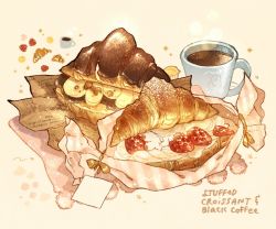 Rule 34 | bana, banana, banana slice, coffee, coffee cup, cream, croissant, cup, disposable cup, drink, english text, food, food focus, fruit, highres, nao (bestrollever), napkin, no humans, original, pastry, ribbon, simple background, steam, strawberry, strawberry slice, white background