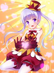 Rule 34 | 1girl, cosplay, gloves, hat, heart, heart hands, highres, long hair, looking at viewer, new game!, open mouth, pantyhose, purple eyes, purple hair, solo, sophia (new game!), sophia (new game!) (cosplay), suzukaze aoba, twintails, white pantyhose, winged hat, yagami-all hail nanao