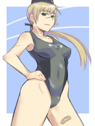 Rule 34 | 00s, 1girl, bandaid, blonde hair, breasts, cowboy shot, em (totsuzen no hakike), floating hair, hand on own hip, hanna rudel, highleg, highleg swimsuit, hip focus, long hair, looking at viewer, low ponytail, one-piece swimsuit, outside border, parted lips, ponytail, scar, solo, sparkle, standing, strike witches, strike witches: suomus misfits squadron, swimsuit, world witches series