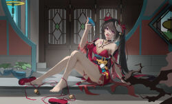 Rule 34 | 1girl, bare legs, bare shoulders, barefoot, bell, black choker, black hair, black sash, breasts, chinese commentary, choker, cleavage, commentary request, detached sleeves, dress, feet, flower tattoo, fox mask, full body, highres, holding, honkai: star rail, honkai (series), indoors, japanese clothes, jingle bell, kimono, knees up, lattice, legs, long hair, looking at viewer, mask, mask on head, obi, open mouth, pink eyes, plant, pouring, red dress, red footwear, sash, shoes, sitting, small breasts, smile, solo, sparkle (honkai: star rail), tattoo, thighs, toes, twintails, unworn shoes, very long hair, xiaochen