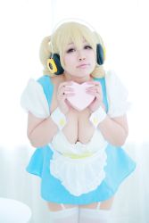Rule 34 | 1girl, apron, asian, blonde hair, breasts, cleavage, cosplay, garter straps, headphones, heart, jewelry, large breasts, leaning forward, necklace, nitroplus, photo (medium), plump, red eyes, sakurako (cosplayer), solo, star (symbol), super pochaco, super pochaco (cosplay), thighhighs, white thighhighs, wrist cuffs