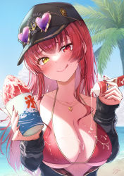 Rule 34 | 1girl, absurdres, bad id, bad pixiv id, bare shoulders, baseball cap, beach, bikini, black hat, black jacket, blue sky, blush, breasts, cleavage, collarbone, food, hat, heart, heart-shaped eyewear, heterochromia, highres, hololive, houshou marine, houshou marine (summer), ichijo kazuya, jacket, jewelry, large breasts, licking lips, long hair, long sleeves, looking at viewer, necklace, off shoulder, palm tree, red bikini, red eyes, sexually suggestive, shaved ice, sky, smile, solo, sunglasses, swimsuit, tongue, tongue out, tree, virtual youtuber, yellow eyes