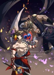 Rule 34 | 2boys, ancient greek clothes, black hair, black sclera, bug, butterfly, colored sclera, dark-skinned male, dark skin, eye contact, floating, gauntlets, gorget, greco-roman clothes, hades (series), hades 1, heart, highres, hood, hood up, insect, kurosaki sasori, laurel crown, looking at another, male focus, multiple boys, muscular, muscular male, petals, red eyes, scythe, single bare shoulder, single gauntlet, smile, sword, thanatos, twitter username, weapon, white hair, yaoi, yellow eyes, zagreus (hades)
