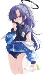 Rule 34 | 1girl, absurdres, black shirt, blue archive, blue buruma, blue jacket, blush, bottle, buruma, commentary request, cropped legs, facial mark, halo, hand up, highres, holding, holding bottle, jacket, long sleeves, looking at viewer, naoton, off shoulder, open clothes, open jacket, parted bangs, parted lips, ponytail, puffy long sleeves, puffy sleeves, purple eyes, purple hair, shirt, simple background, sleeves past wrists, solo, star (symbol), track jacket, water bottle, white background, yuuka (blue archive), yuuka (track) (blue archive)
