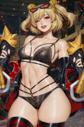 1girl black_bra black_panties black_thighhighs blonde_hair bra breasts burnice_white cowboy_shot dual_wielding embers eyewear_on_head flame_print flamethrower hair_ornament highres holding holding_flamethrower holding_weapon jacket looking_at_viewer medium_breasts navel neoartcore off_shoulder one_eye_closed panties print_jacket red-tinted_eyewear red_eyes red_nails solo stomach sunglasses thighhighs tinted_eyewear two_side_up underwear underwear_only weapon zenless_zone_zero