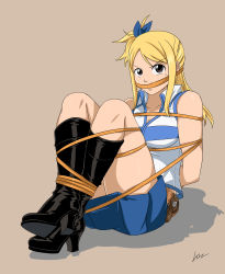 Rule 34 | 1girl, absurdres, bdsm, bondage, boots, bound, bound ankles, breasts, fairy tail, gag, gagged, high heel boots, high heels, highres, improvised gag, knee boots, lost one zero, lucy heartfilia, shoe soles, skirt, solo