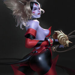 Rule 34 | 1girl, animal ears, ass, blonde hair, bloodstained: ritual of the night, blue skin, choker, colored skin, spiked choker, spikes, tail, whip