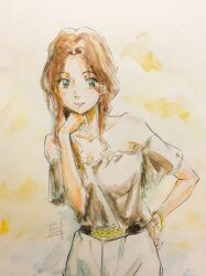 Rule 34 | 1girl, armpit peek, bare shoulders, belt, bracelet, breasts, brown hair, closed mouth, collarbone, color ink (medium), commentary request, green eyes, grey shirt, hair over shoulder, hand on own chin, hand on own hip, hand up, highres, jewelry, kimi no na wa., leaning to the side, long hair, looking at viewer, medium breasts, nii manabu, no headwear, off-shoulder shirt, off shoulder, official alternate costume, okudera miki, pencil skirt, pink lips, see-through silhouette, shirt, shirt tucked in, short sleeves, sidelocks, signature, skirt, smile, solo, straight-on, traditional media, upper body, wavy hair, white skirt, yellow background