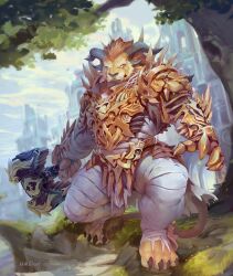 Rule 34 | 1boy, armor, artist name, bandages, commission, fantasy, furry, furry male, gold armor, guild wars (series), guild wars 2, hammer, highres, holding, holding hammer, horns, lion tail, male focus, null-ghost, pauldrons, shoulder armor, signature, solo, tail