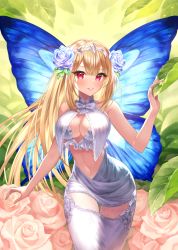 Rule 34 | 1girl, bare arms, bare shoulders, blonde hair, blue flower, blue rose, blue wings, bow, breasts, butterfly wings, cleavage, cleavage cutout, clothing cutout, cowboy shot, crop top, crop top overhang, dew drop, dress, fairy, fishnets, flower, frills, green background, hair flower, hair ornament, insect wings, koushi rokushiro, large breasts, leaf, leaf hair ornament, long hair, looking at viewer, nail polish, nature, navel, navel cutout, original, parted lips, pink flower, pink rose, red eyes, rose, signature, sleeveless, sleeveless dress, smile, solo, thigh cutout, thigh gap, tiara, very long hair, water drop, white bow, white dress, white nails, white neckwear, wings