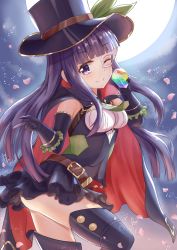 Rule 34 | 1girl, ass, belt, black cloak, black eyes, black gloves, black hair, black hat, black shirt, black skirt, black thighhighs, blunt bangs, cloak, commission, crystal, full moon, gloves, hat, highres, i tamima, kasumi (princess connect!), long hair, miniskirt, moon, night, night sky, one eye closed, outdoors, petals, phantom thief, pixiv commission, princess connect!, red cloak, shirt, skirt, sky, smile, solo, star (sky), starry sky, thighhighs, thighs