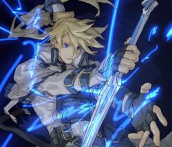 Rule 34 | 1boy, amatuki, belt, black background, black gloves, blonde hair, blue eyes, electricity, english text, fighting stance, fingerless gloves, gloves, guilty gear, guilty gear xrd, hair between eyes, hair over one eye, highres, ky kiske, long hair, magic, magnolia eclair ii, male focus, multiple belts, outstretched arm, ponytail, simple background, smile, solo, sword, weapon
