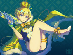 Rule 34 | 1girl, artoria pendragon (fate), artoria pendragon (swimsuit archer) (fate), artoria pendragon (swimsuit archer) (third ascension) (fate), ass, bad id, bad pixiv id, blonde hair, blue cloak, blue eyes, blush, bow, breasts, cloak, closed mouth, commentary, crown, fate/grand order, fate (series), fingernails, full body, fur-trimmed cloak, fur-trimmed hood, fur trim, hair between eyes, hand up, head tilt, high heels, holding, hood, hood down, hood up, looking at viewer, medium breasts, mini crown, minyom, one-piece swimsuit, revision, shoes, smile, solo, striped, striped bow, swimsuit, water gun, white footwear, white one-piece swimsuit, yellow bow, yellow cloak