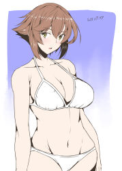 Rule 34 | 1girl, bikini, blue background, breasts, brown hair, cleavage, commentary request, cowboy shot, dated, flipped hair, gradient background, green eyes, groin, highres, kantai collection, large breasts, mutsu (kancolle), navel, short hair, solo, swimsuit, taira yuuki, white bikini