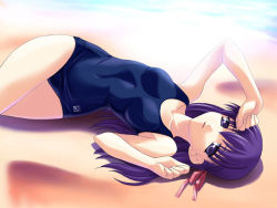 Rule 34 | 00s, 1girl, alternate costume, arm up, beach, blue one-piece swimsuit, breasts, clenched hands, crossed legs, day, duplicate, fate/stay night, fate (series), from above, hair ribbon, long hair, looking at viewer, lying, matou sakura, norizou type-r, ocean, on back, on ground, one-piece swimsuit, outdoors, parted lips, purple eyes, purple hair, ribbon, school swimsuit, small breasts, solo, swimsuit, water