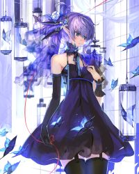 Rule 34 | 1girl, absurdres, bad id, bad pixiv id, bare shoulders, black gloves, black thighhighs, blue eyes, blush, bug, butterfly, cowboy shot, dress, elbow gloves, feather hair ornament, feathers, flower, garter straps, gloves, hair flower, hair ornament, hand on own chest, highres, insect, looking away, original, ponytail, purple dress, purple hair, saberiii, single glove, solo, string, string of fate, thighhighs
