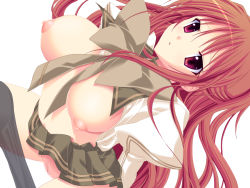 Rule 34 | 1girl, bad id, bad pixiv id, breasts, censored, clothes pull, highres, kuresu (alice-pma), large breasts, long hair, nipples, open clothes, open shirt, original, pantyhose, pantyhose pull, puffy nipples, pussy, red eyes, red hair, school uniform, serafuku, shirt, solo