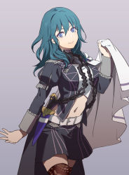 Rule 34 | 1girl, adapted costume, alternate costume, armor, asao (vc), belt, belt buckle, black skirt, blue eyes, blue hair, brown thighhighs, buckle, byleth (female) (fire emblem), byleth (fire emblem), cape, closed mouth, clothing cutout, commentary request, dagger, fire emblem, fire emblem: three houses, grey background, highres, knife, long hair, long sleeves, midriff, miniskirt, navel, navel cutout, nintendo, sheath, sheathed, simple background, skirt, smile, solo, thighhighs, weapon