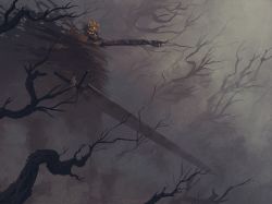 Rule 34 | anato finnstark, artist name, bare tree, bug, butterfly, cape, commentary, english commentary, fantasy, grey theme, highres, holding, holding sword, holding weapon, insect, original, plant, pointing, spirit, sword, torn cape, torn clothes, tree, vines, weapon