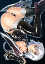 Rule 34 | 1girl, :o, ass, bandaged arm, bandages, bare shoulders, belt, belt buckle, black background, black belt, black footwear, black gloves, black panties, black shirt, boots, breasts, buckle, dagger, dual wielding, facial scar, fate/apocrypha, fate (series), fingerless gloves, gloves, green eyes, hair between eyes, holding, jack the ripper (fate/apocrypha), knife, looking at viewer, panties, reverse grip, scar, scar across eye, scar on cheek, scar on face, shiba nanasei, shiny skin, shirt, short hair, single glove, skindentation, sleeveless, sleeveless shirt, small breasts, solo, tattoo, thigh boots, thighhighs, turtleneck, underwear, upside-down, weapon, white hair