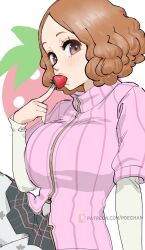 Rule 34 | 1girl, breasts, brown eyes, brown hair, eyelashes, food, food in mouth, fruit, highres, holding, holding food, holding fruit, large breasts, long sleeves, looking at viewer, nail polish, okumura haru, parted bangs, persona, persona 5, pink sweater, poechan chan, ribbed sweater, short hair, skirt, solo, strawberry, sweater, wavy hair