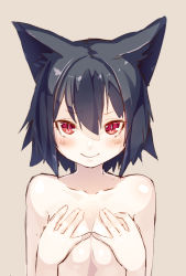 Rule 34 | 1girl, animal ears, black hair, blush, breasts, brown background, collarbone, covering privates, covering breasts, hair between eyes, looking at viewer, meth (emethmeth), nude, red eyes, short hair, simple background, sketch, slit pupils, small breasts, smile, solo, upper body