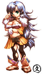 Rule 34 | 1girl, argyle, argyle clothes, argyle cutout, black legwear, blue hair, breast hold, breasts, cleavage, clothing cutout, final fantasy, final fantasy crystal chronicles, full body, green eyes, hisahiko, large breasts, long hair, low-tied long hair, sandals, selkie, simple background, skirt, solo, standing, very long hair, white background, wolfie selkie (female)
