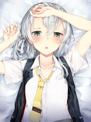 Rule 34 | 10s, 1girl, asymmetrical hair, bad id, bad pixiv id, blouse, blush, collarbone, collared shirt, flipped hair, grey eyes, hand on own head, highres, kantai collection, looking at viewer, lying, necktie, nowaki (kancolle), on back, open clothes, open mouth, open vest, shirt, silver hair, solo, somalisu, swept bangs, tie clip, vest, white shirt, yellow necktie