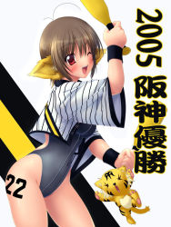 Rule 34 | 00s, 1girl, 2005, animal ears, baseball bat, cat ears, clothes writing, competition swimsuit, hanshin tigers, ishii akira, nippon professional baseball, one-piece swimsuit, short hair, solo, swimsuit, tiger, tiger ears, uniform