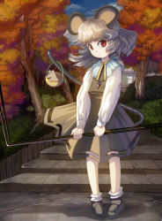 Rule 34 | 1girl, animal ears, basket, blue sky, cloud, dowsing rod, dress, female focus, grey hair, highres, jewelry, mouse (animal), mouse ears, mouse tail, nazrin, pendant, red eyes, short hair, sky, solo, stairs, standing, syope, tail, touhou, tree