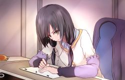 Rule 34 | 10s, 1girl, black hair, chair, coco3186, desk, drawing, earphones, green eyes, layered clothes, layered sleeves, listening to music, long hair, long sleeves, looking down, low twintails, pencil, serious, shirobako, sitting, solo, tearing up, twintails, yasuhara ema